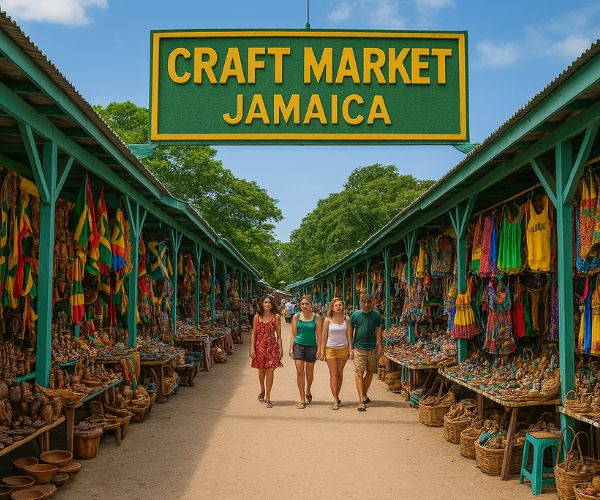 Group of tourists walking through a vibrant Jamaican craft market filled with colorful handmade goods, souvenirs, and local art.