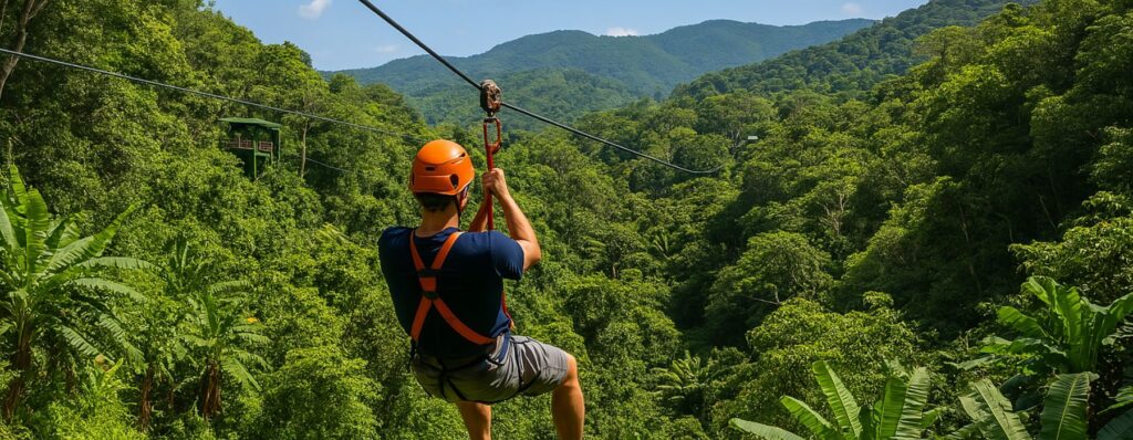 Adventurer gliding above the treetops on a zip line tour in Jamaica’s tropical rainforest.