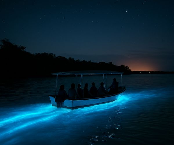 Image representing a night boat tour with passengers gliding through glowing bioluminescent waters in Jamaica.