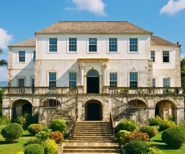 Front view of Rose Hall Great House in Montego Bay, Jamaica, a historic Georgian mansion surrounded by lush gardens.